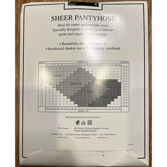 Liz Claiborne Sheer Pantyhose Size LONG Color Black Style 7647 - Picture 2 of 7